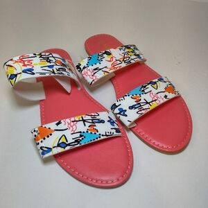 Rouge helium women's pink and white graffiti sandals size (10)